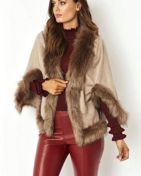 Mocha Faux Fur Suede Cape Jacket-0