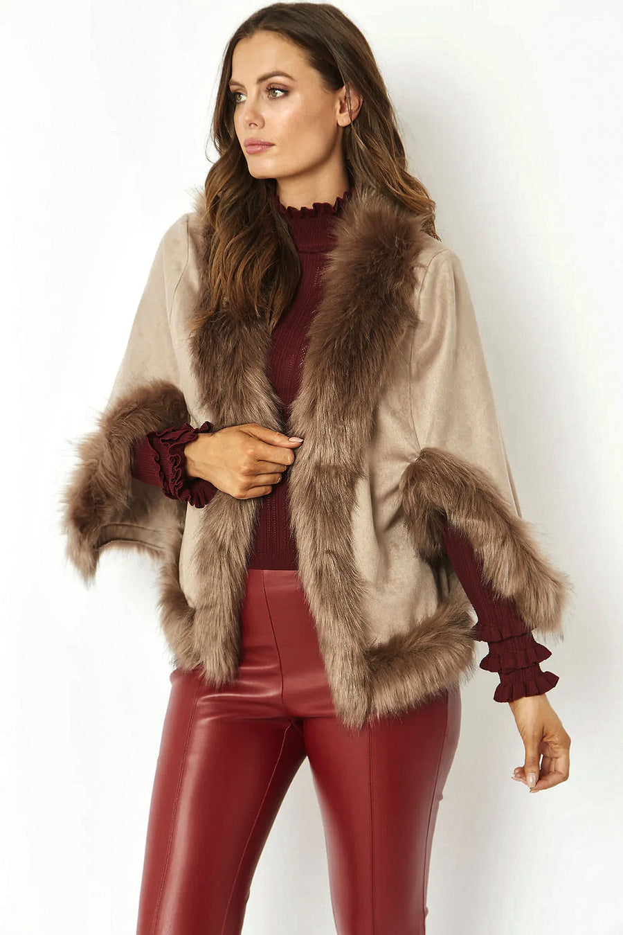 Eulalie Beaumont — Mocha Faux Fur Suede Cape Jacket
