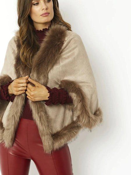 Mocha Faux Fur Suede Cape Jacket-2