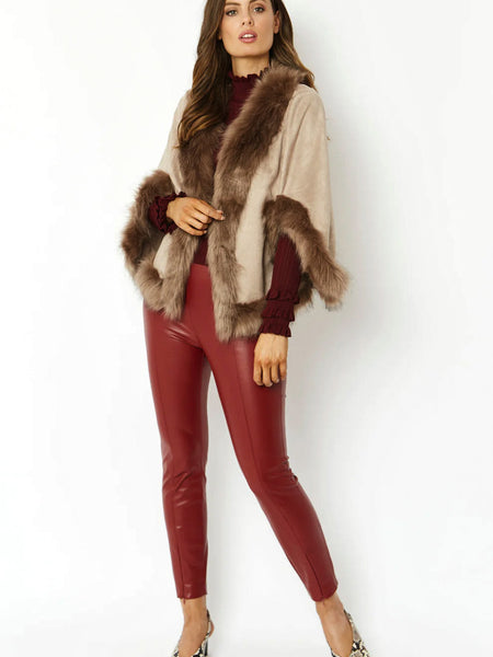 Mocha Faux Fur Suede Cape Jacket-1