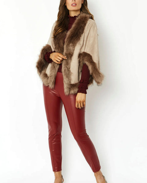 Mocha Faux Fur Suede Cape Jacket-1