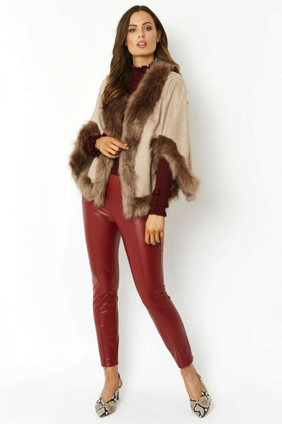 Eulalie Beaumont — Mocha Faux Fur Suede Cape Jacket, alternate view 2