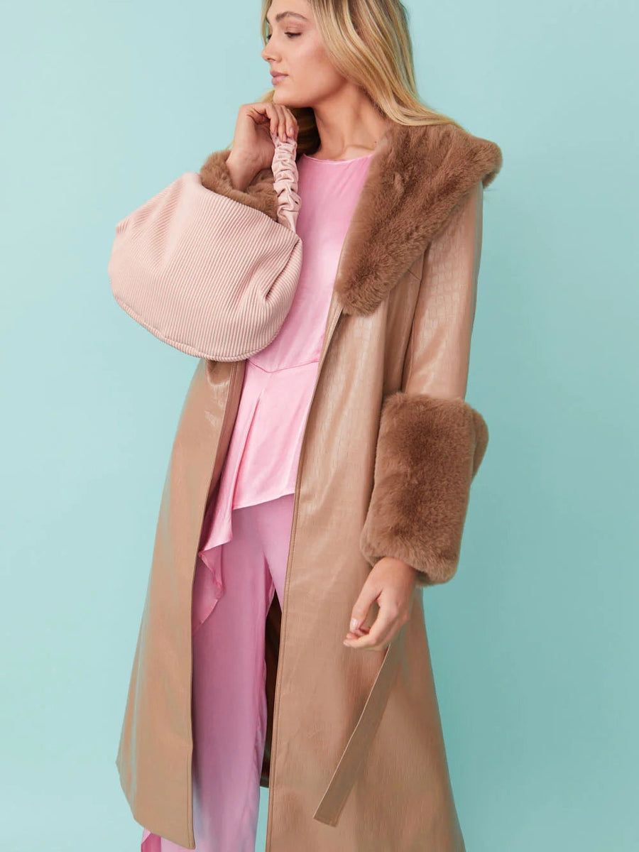 Mocha Faux Leather Jacket with Detachable Faux Fur Cuffs and Collar-1