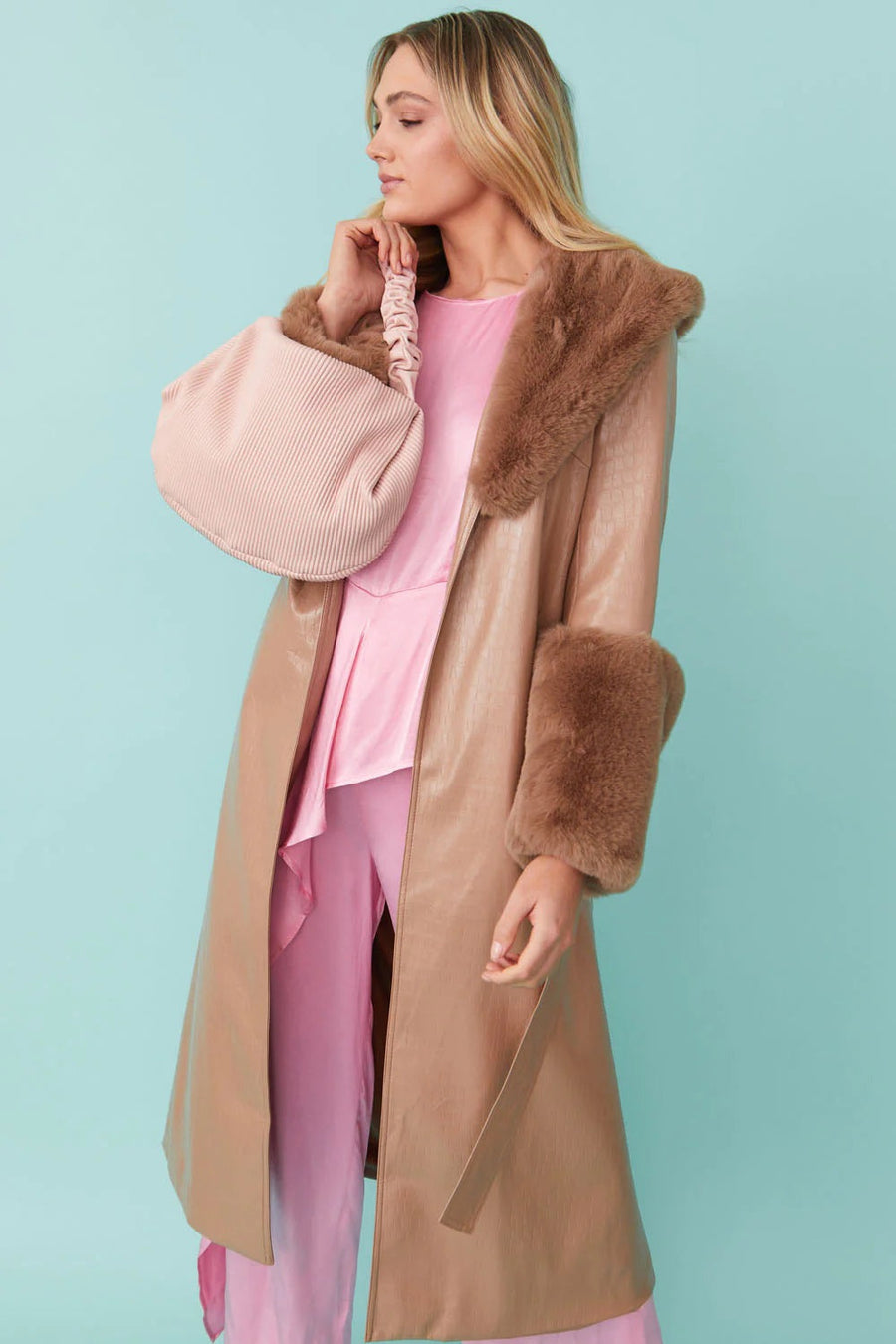 Evelisse Beaumont — Mocha Faux Leather Jacket with Detachable Faux Fur Cuffs and Collar, alternate view 2