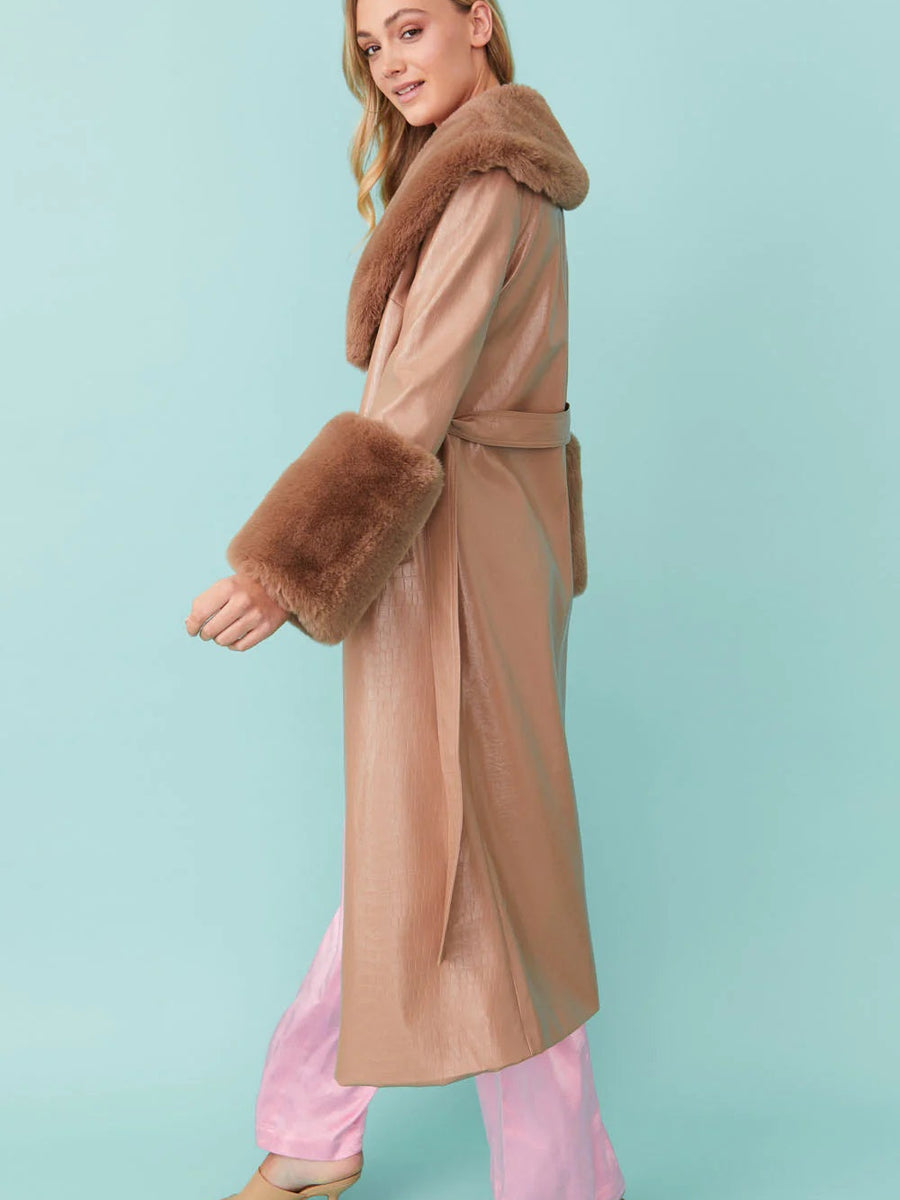 Mocha Faux Leather Jacket with Detachable Faux Fur Cuffs and Collar-2