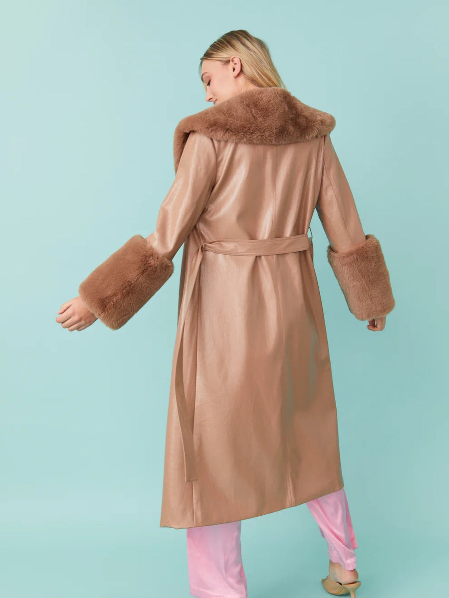 Mocha Faux Leather Jacket with Detachable Faux Fur Cuffs and Collar-3
