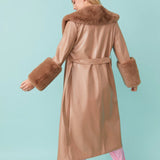 Mocha Faux Leather Jacket with Detachable Faux Fur Cuffs and Collar-3