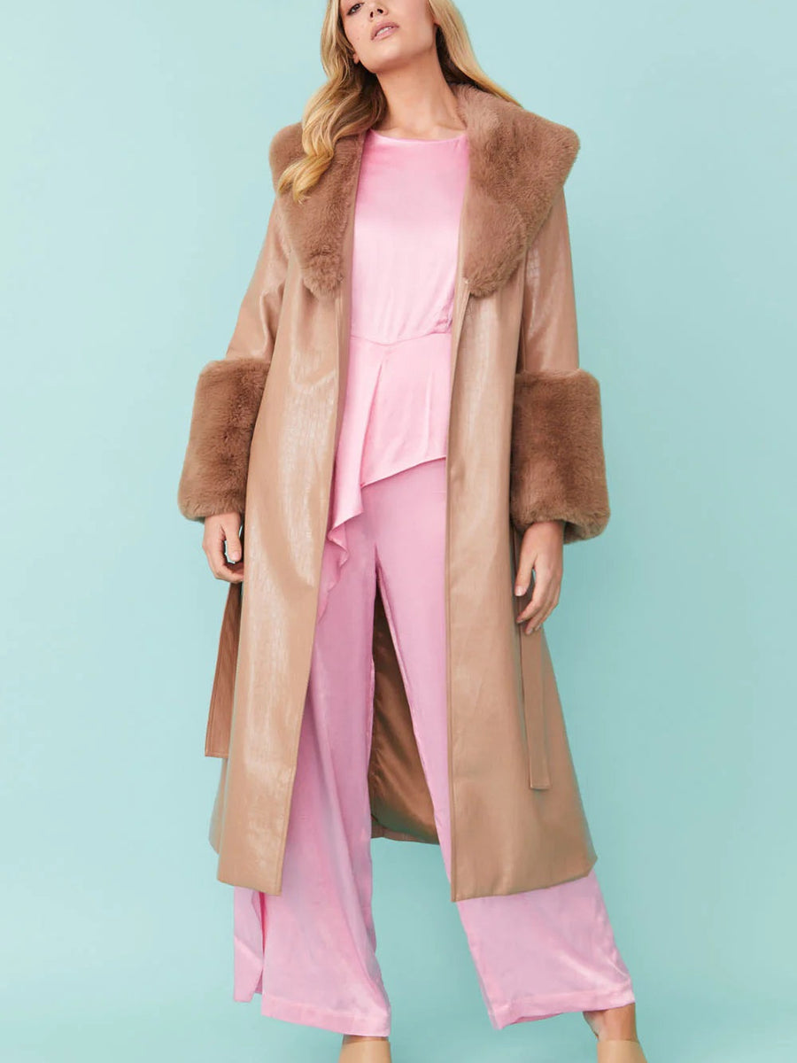 Mocha Faux Leather Jacket with Detachable Faux Fur Cuffs and Collar-0