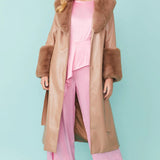 Mocha Faux Leather Jacket with Detachable Faux Fur Cuffs and Collar-0