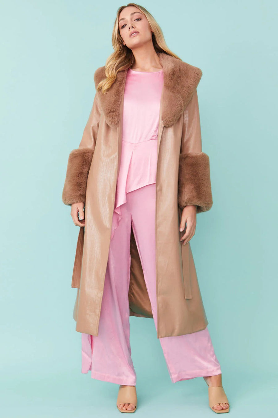 Evelisse Beaumont — Mocha Faux Leather Jacket with Detachable Faux Fur Cuffs and Collar