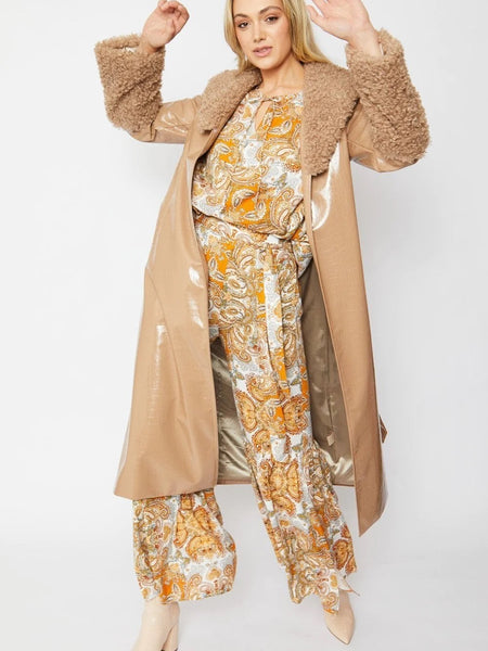 Mocha Faux Leather Trench Coat with Detachable Faux Mongolian Collar and Cuffs