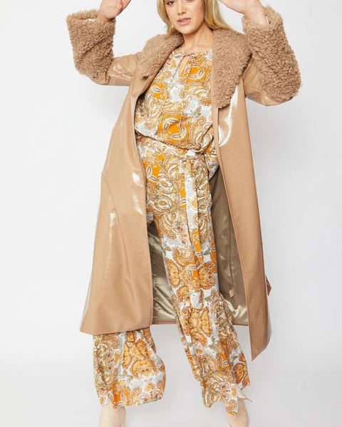 Mocha Faux Leather Trench Coat with Detachable Faux Mongolian Collar and Cuffs