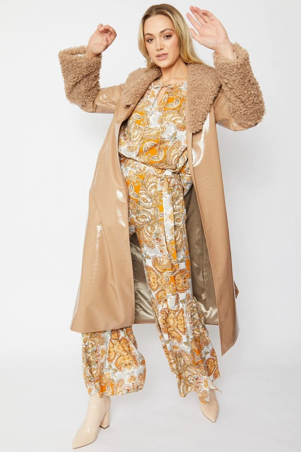 Hannelore — Mocha Faux Leather Trench Coat with Detachable Faux Mongolian Collar and Cuffs, alternate view 2