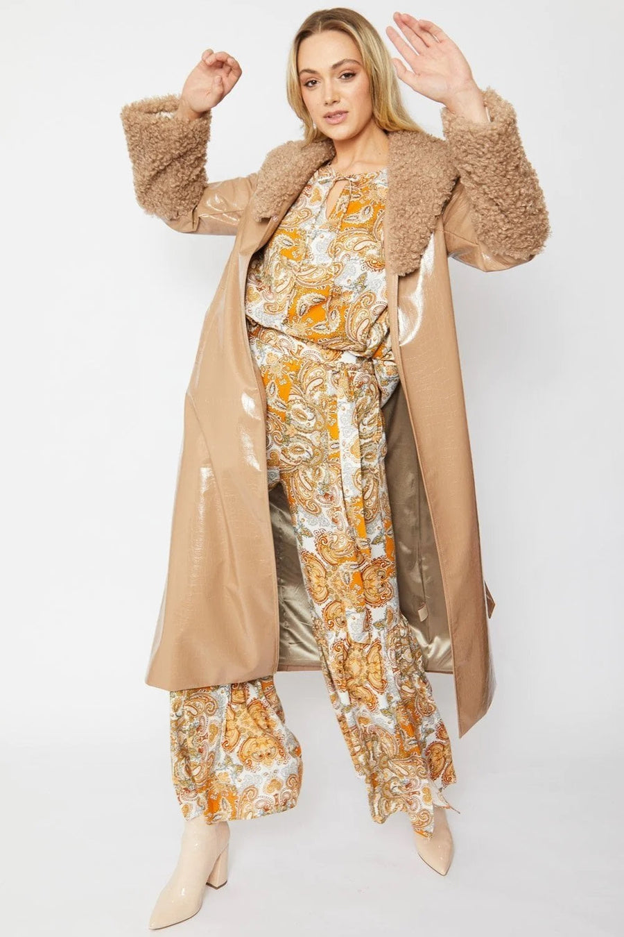 Hannelore — Mocha Faux Leather Trench Coat with Detachable Faux Mongolian Collar and Cuffs, alternate view 2