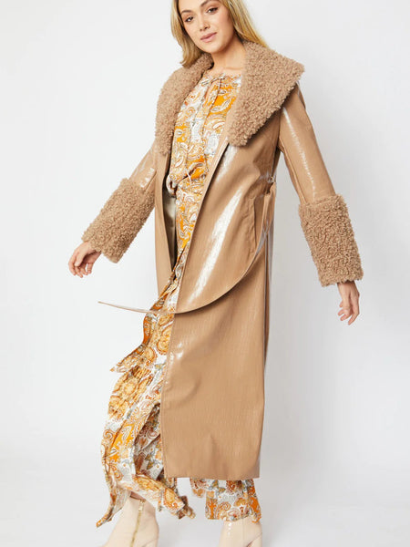 Mocha Faux Leather Trench Coat with Detachable Faux Mongolian Collar and Cuffs