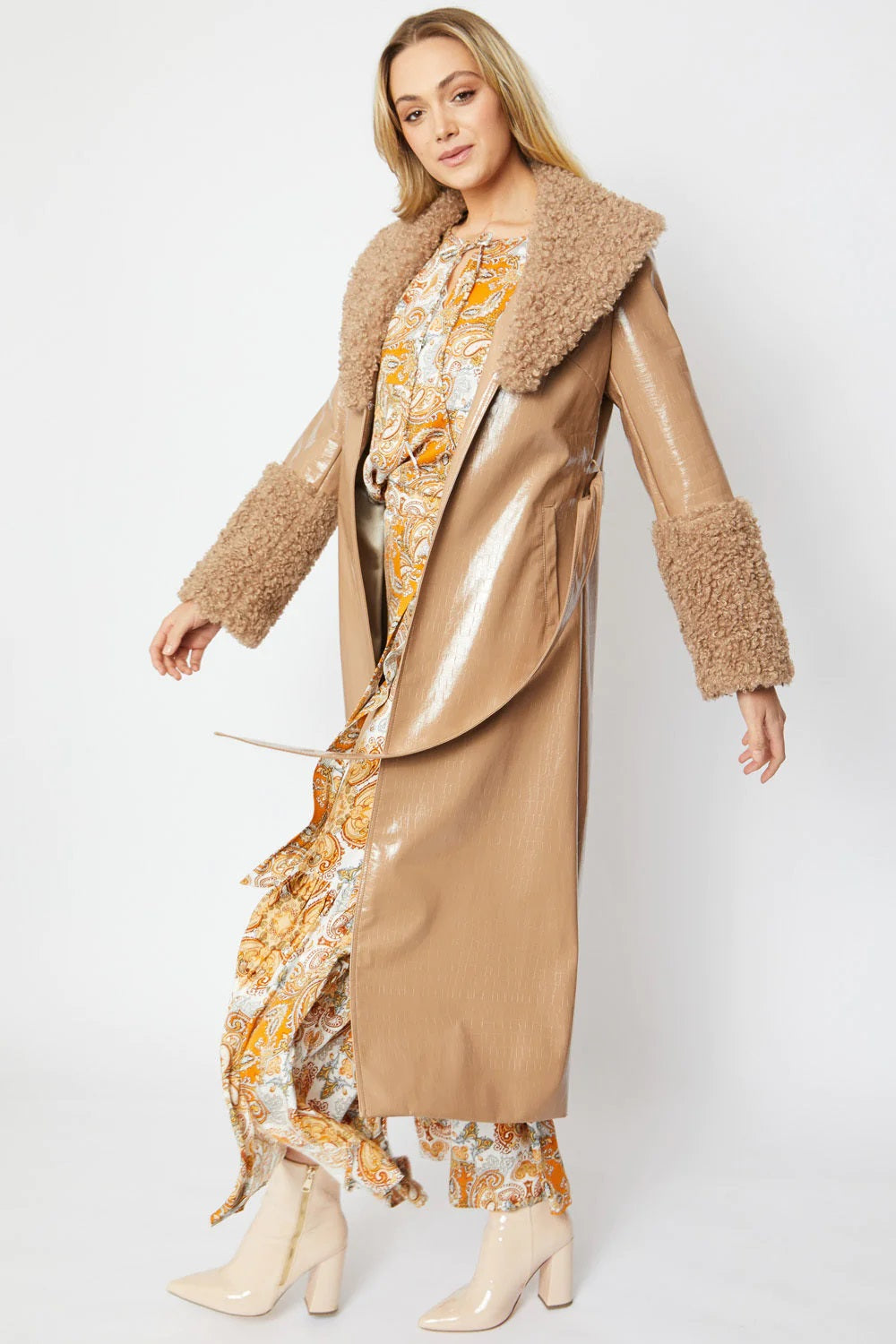 Hannelore — Mocha Faux Leather Trench Coat with Detachable Faux Mongolian Collar and Cuffs, alternate view 3