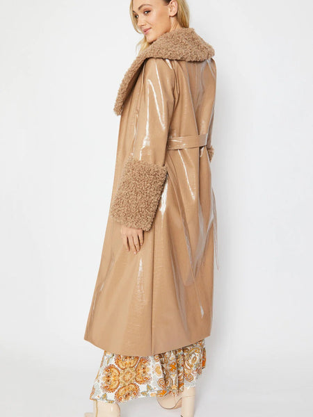 Mocha Faux Leather Trench Coat with Detachable Faux Mongolian Collar and Cuffs