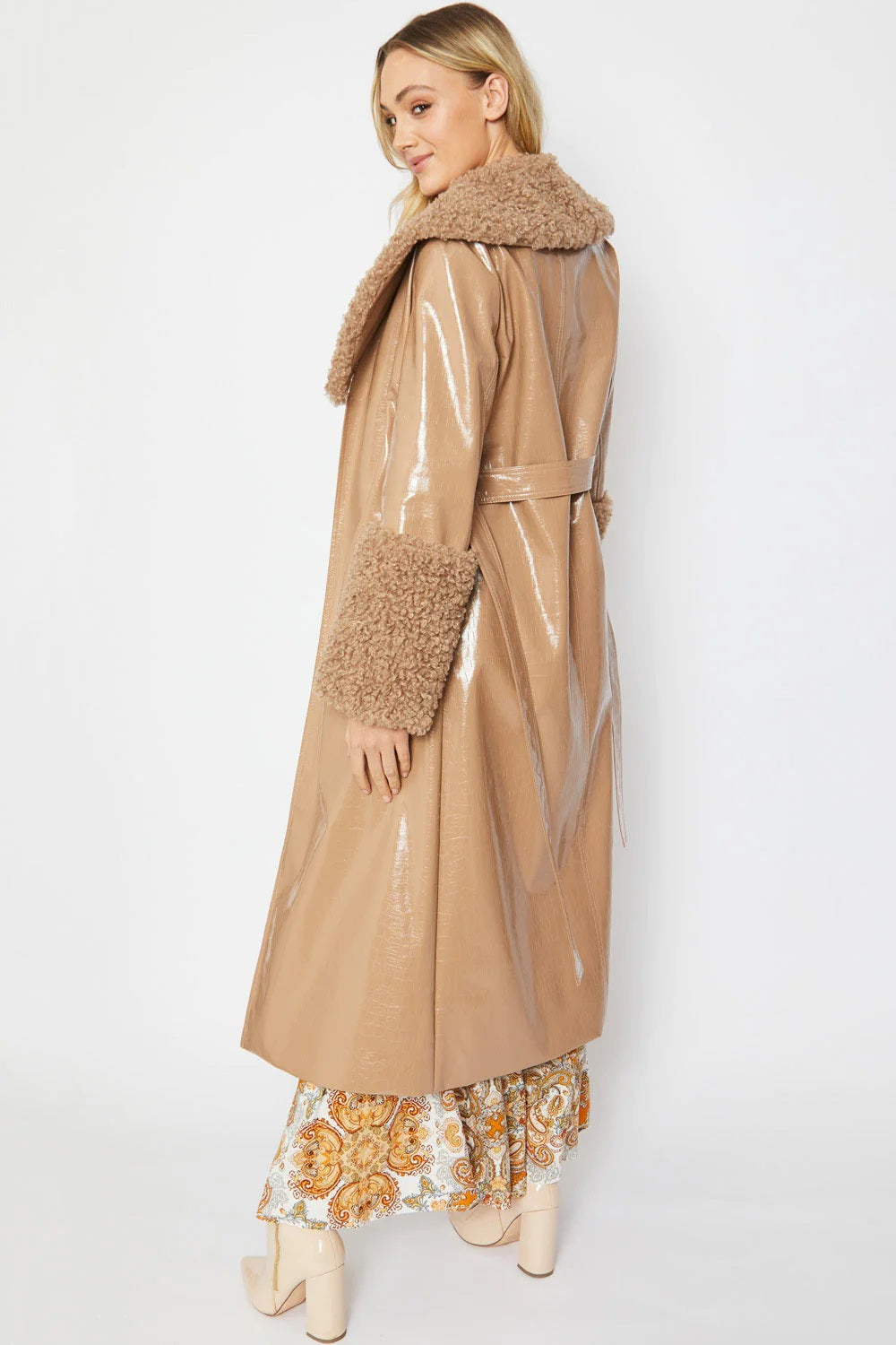 Hannelore — Mocha Faux Leather Trench Coat with Detachable Faux Mongolian Collar and Cuffs, alternate view 4