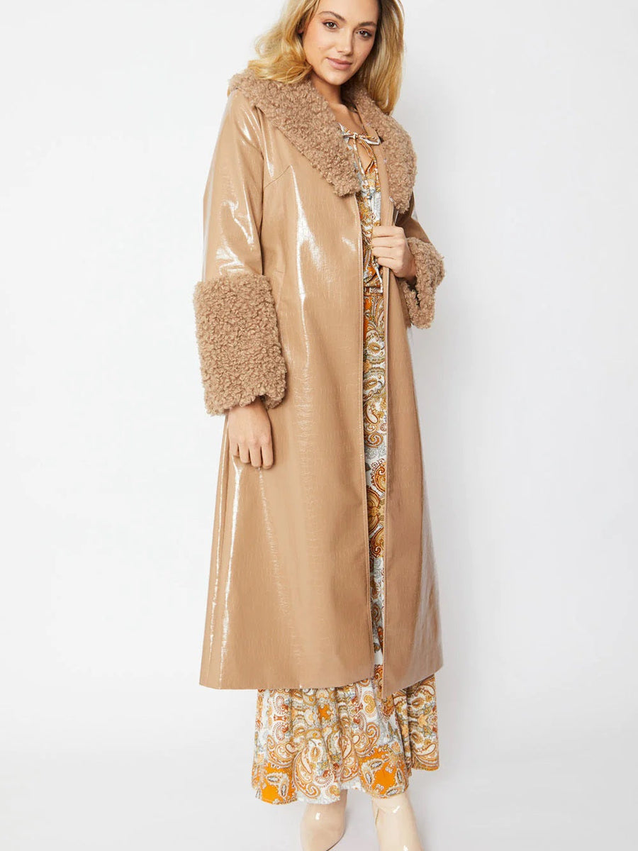 Mocha Faux Leather Trench Coat with Detachable Faux Mongolian Collar and Cuffs