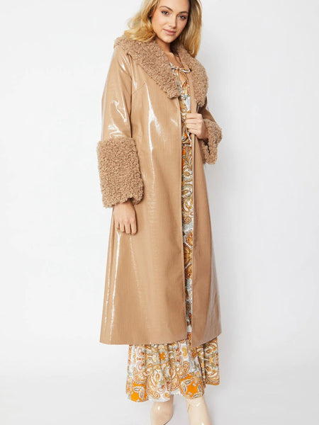 Mocha Faux Leather Trench Coat with Detachable Faux Mongolian Collar and Cuffs