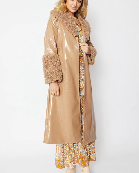 Mocha Faux Leather Trench Coat with Detachable Faux Mongolian Collar and Cuffs