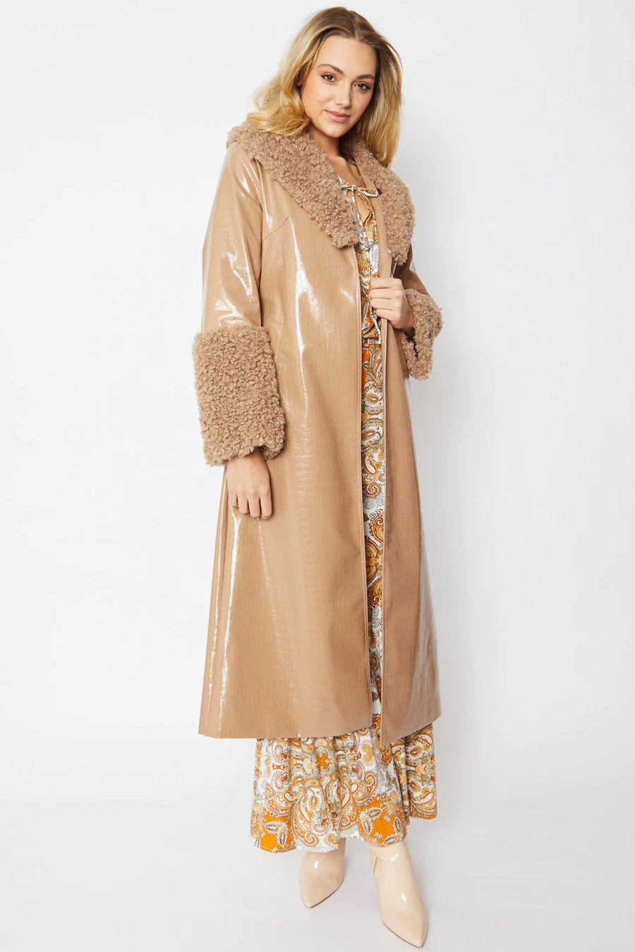 Hannelore — Mocha Faux Leather Trench Coat with Detachable Faux Mongolian Collar and Cuffs