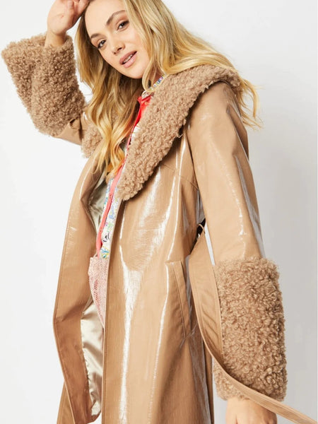 Mocha Faux Leather Trench Coat with Faux Shearling Collar and Cuffs
