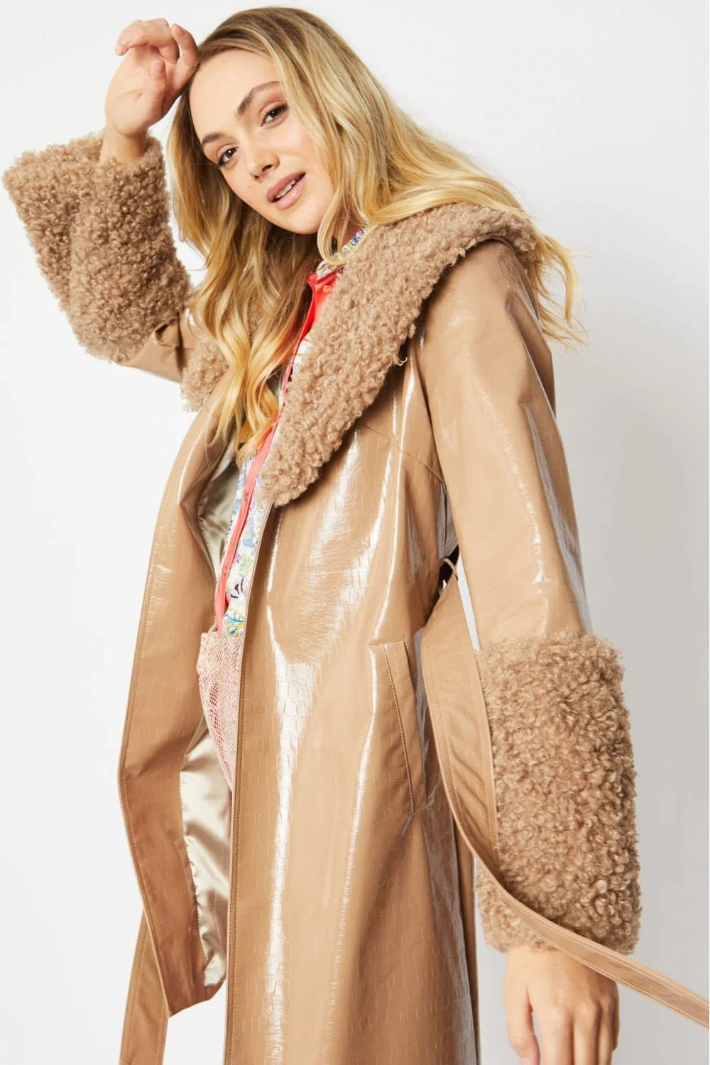 Maëlys — Mocha Faux Leather Trench Coat with Faux Shearling Collar and Cuffs, alternate view 2