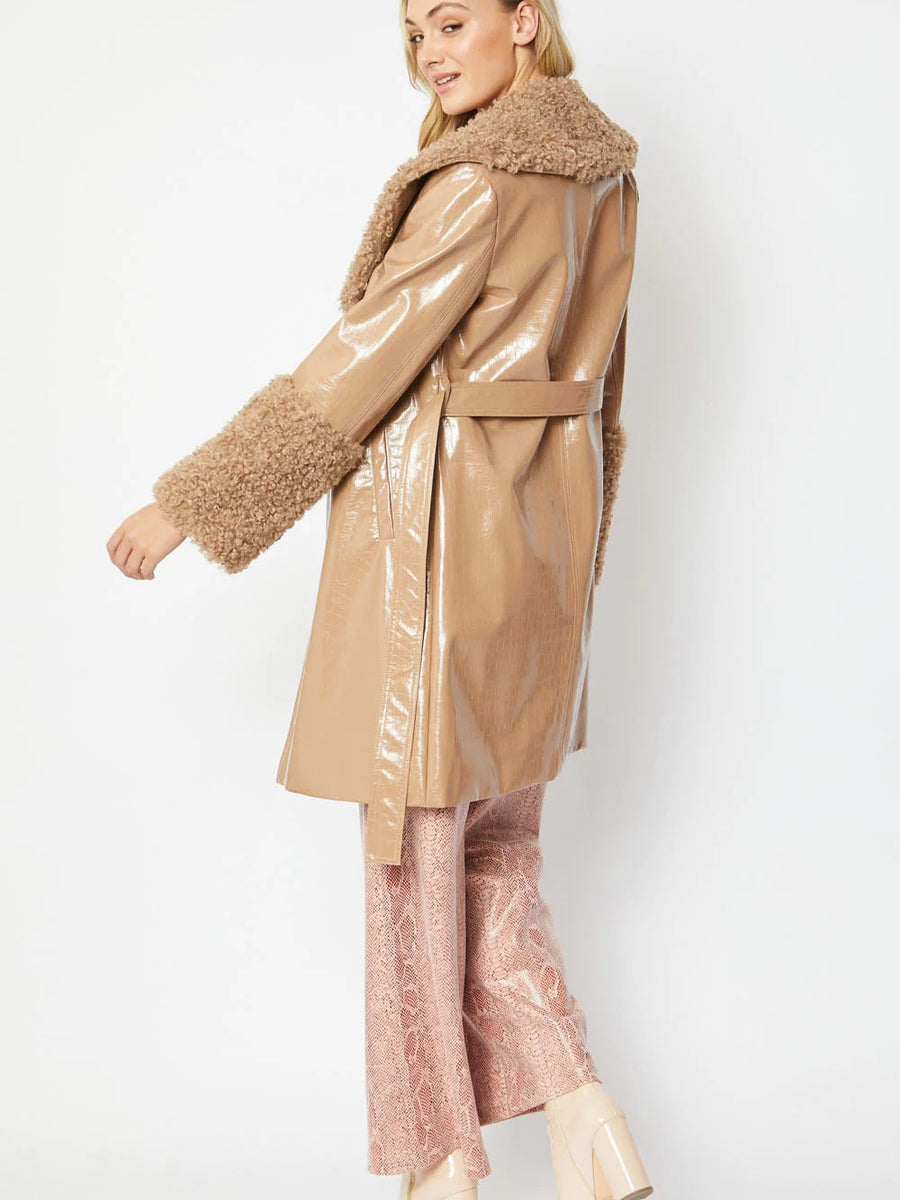 Mocha Faux Leather Trench Coat with Faux Shearling Collar and Cuffs