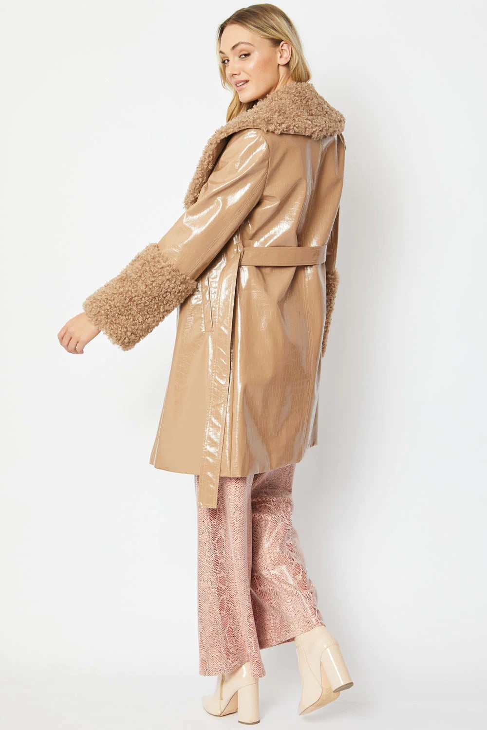 Maëlys — Mocha Faux Leather Trench Coat with Faux Shearling Collar and Cuffs, alternate view 3