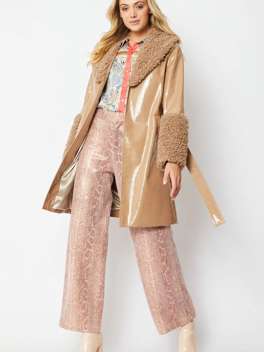 Mocha Faux Leather Trench Coat with Faux Shearling Collar and Cuffs