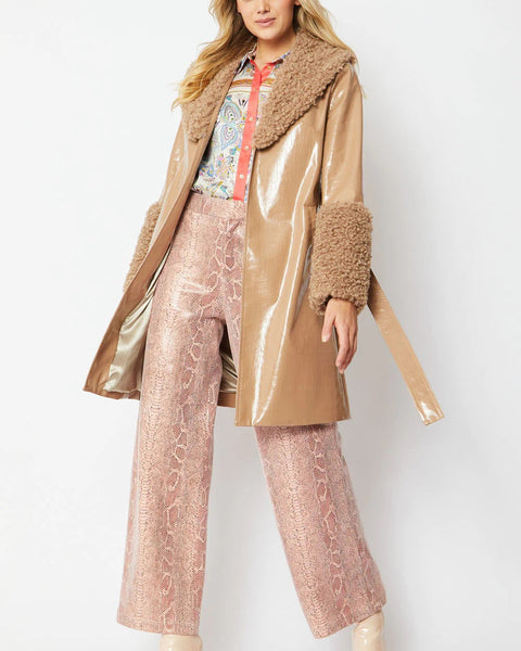 Mocha Faux Leather Trench Coat with Faux Shearling Collar and Cuffs