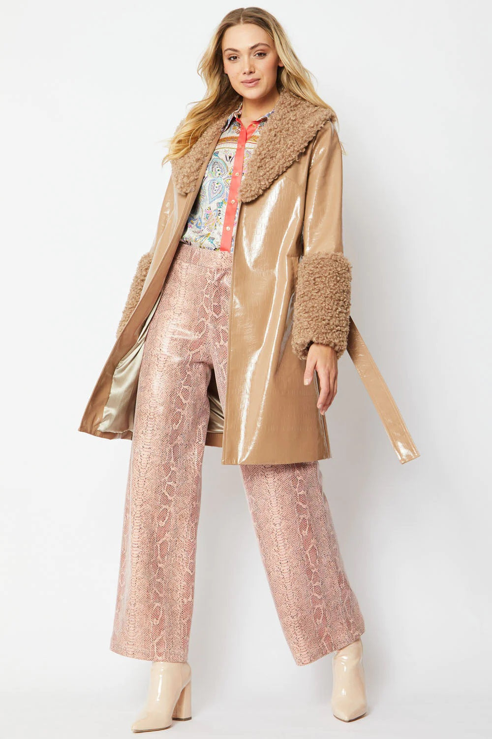 Maëlys — Mocha Faux Leather Trench Coat with Faux Shearling Collar and Cuffs