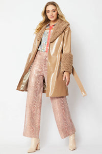 Maëlys — Mocha Faux Leather Trench Coat with Faux Shearling Collar and Cuffs