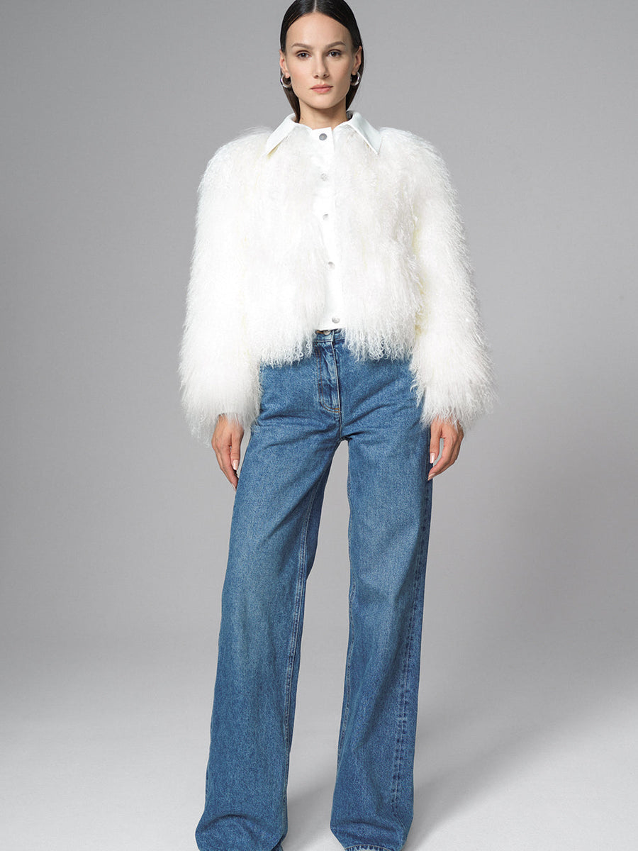 White Natural Mongolian Shearling Jacket