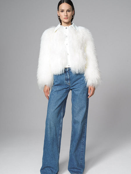 White Natural Mongolian Shearling Jacket