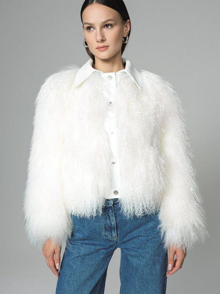 White Natural Mongolian Shearling Jacket