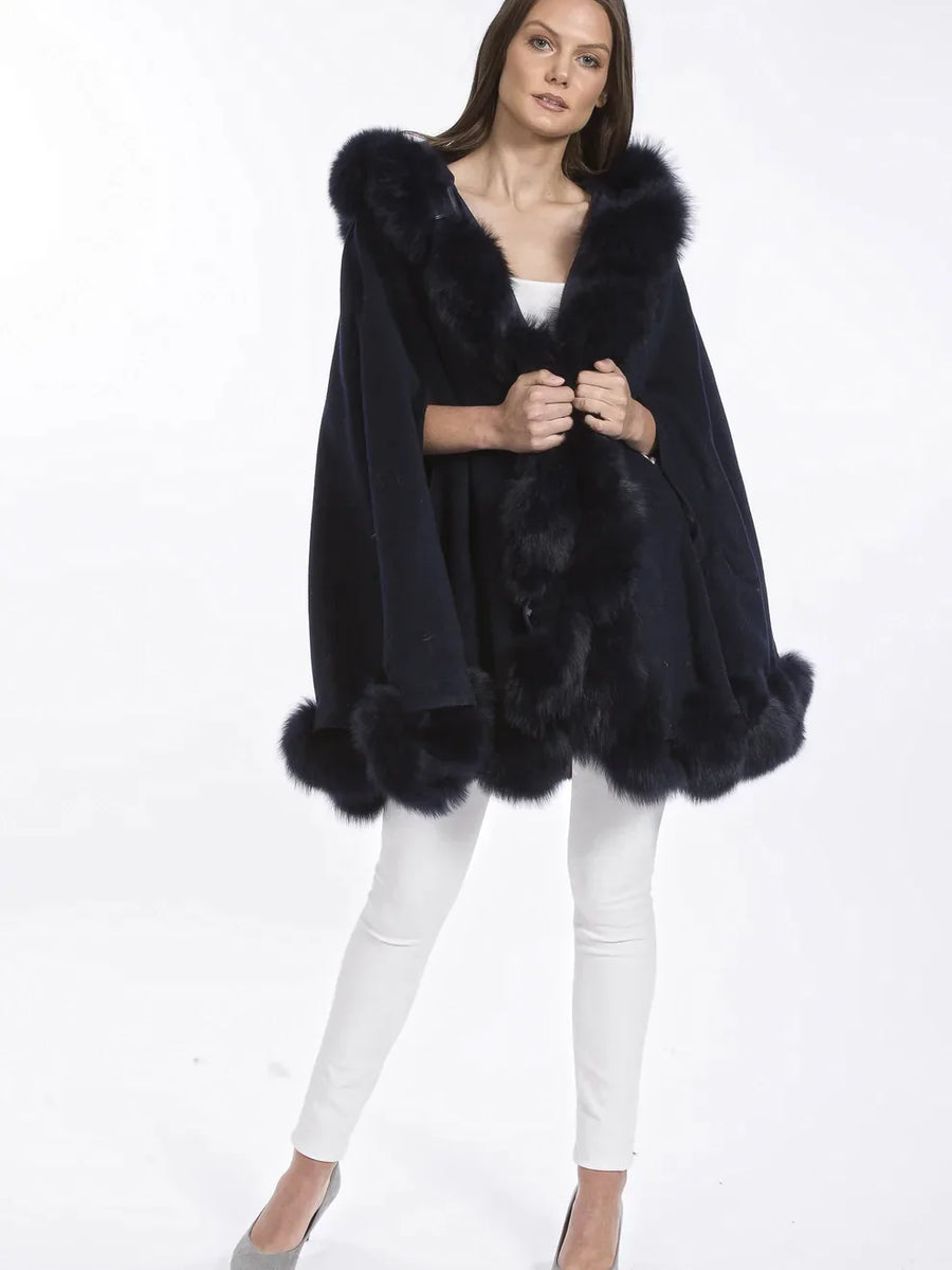 Navy Cashmere Hooded and Fox Fur Cape Coat