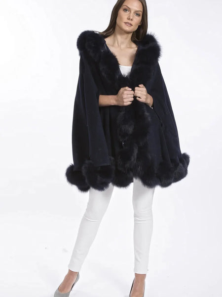 Navy Cashmere Hooded and Fox Fur Cape Coat