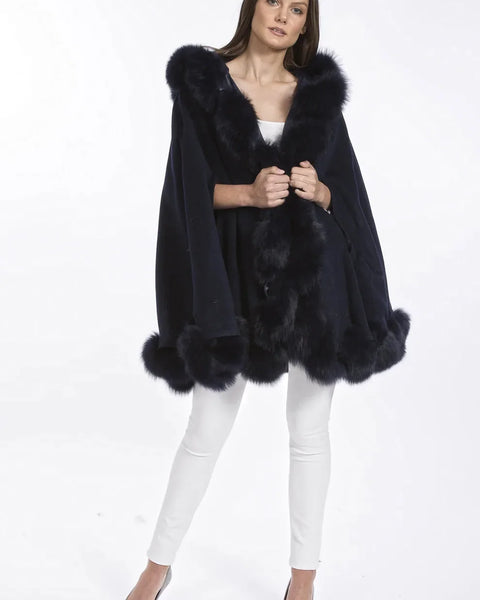 Navy Cashmere Hooded and Fox Fur Cape Coat