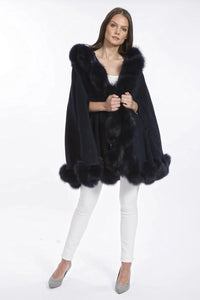 Amaris — Navy Cashmere Hooded and Fox Fur Cape Coat, alternate view 3