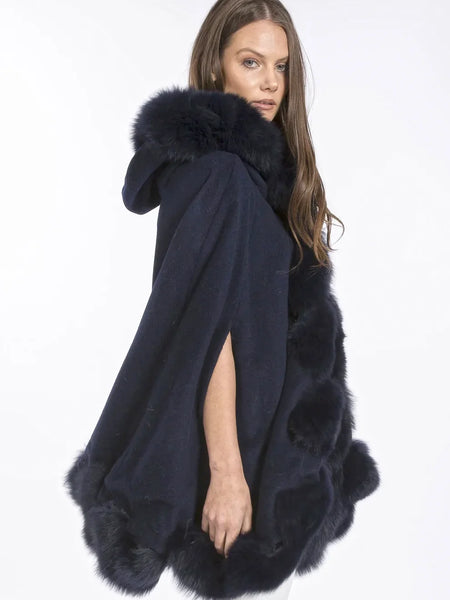 Navy Cashmere Hooded and Fox Fur Cape Coat