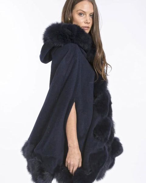 Navy Cashmere Hooded and Fox Fur Cape Coat