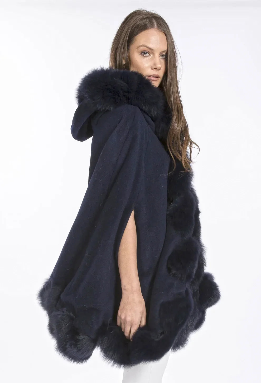 Amaris — Navy Cashmere Hooded and Fox Fur Cape Coat