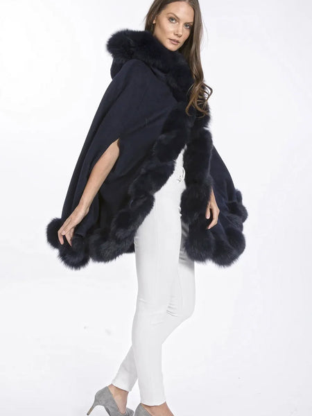 Navy Cashmere Hooded and Fox Fur Cape Coat