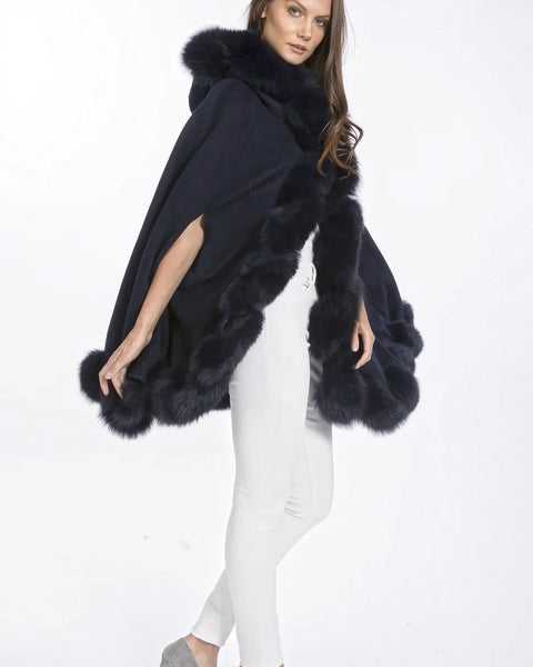 Navy Cashmere Hooded and Fox Fur Cape Coat