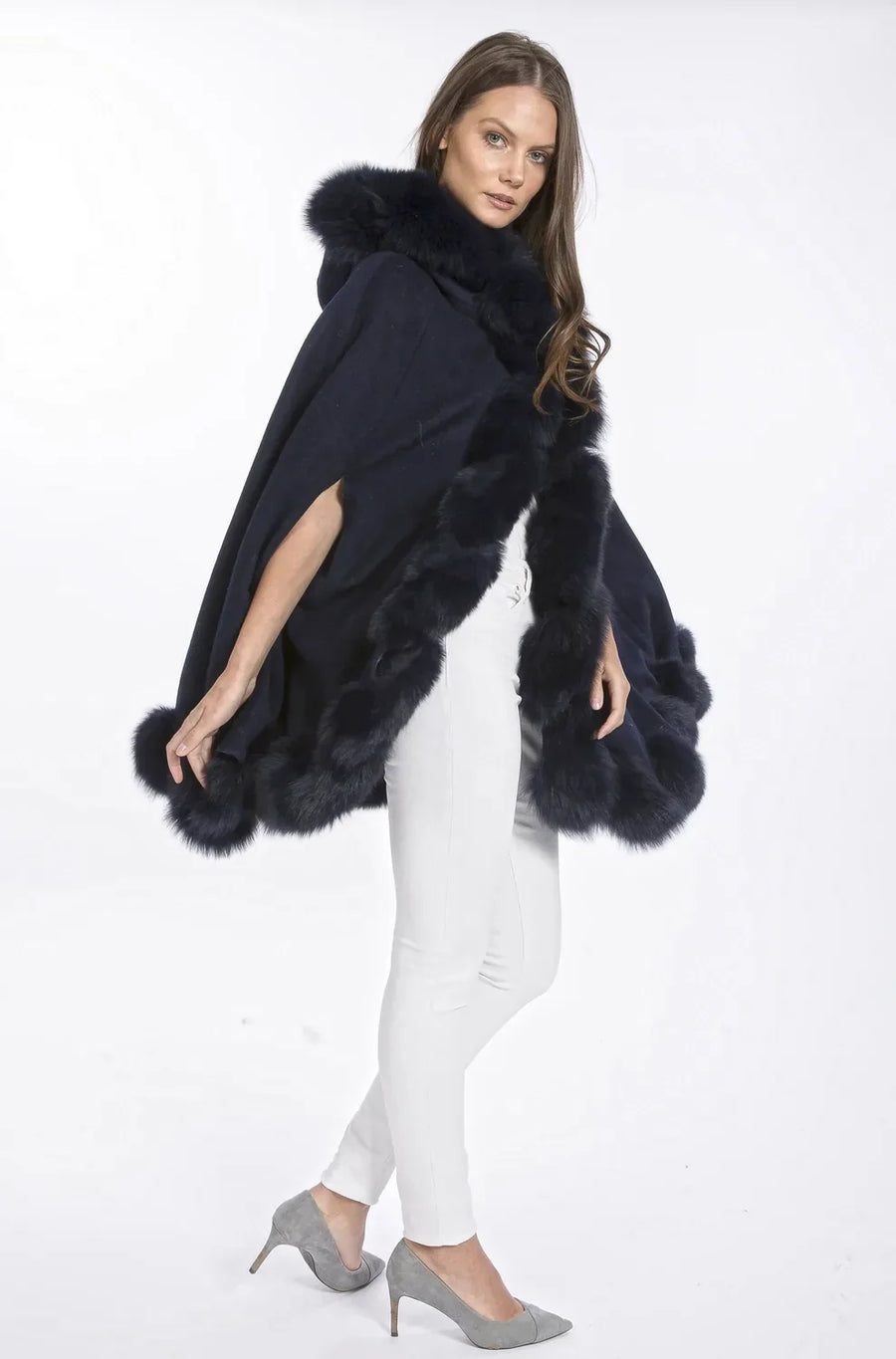 Amaris — Navy Cashmere Hooded and Fox Fur Cape Coat, alternate view 2