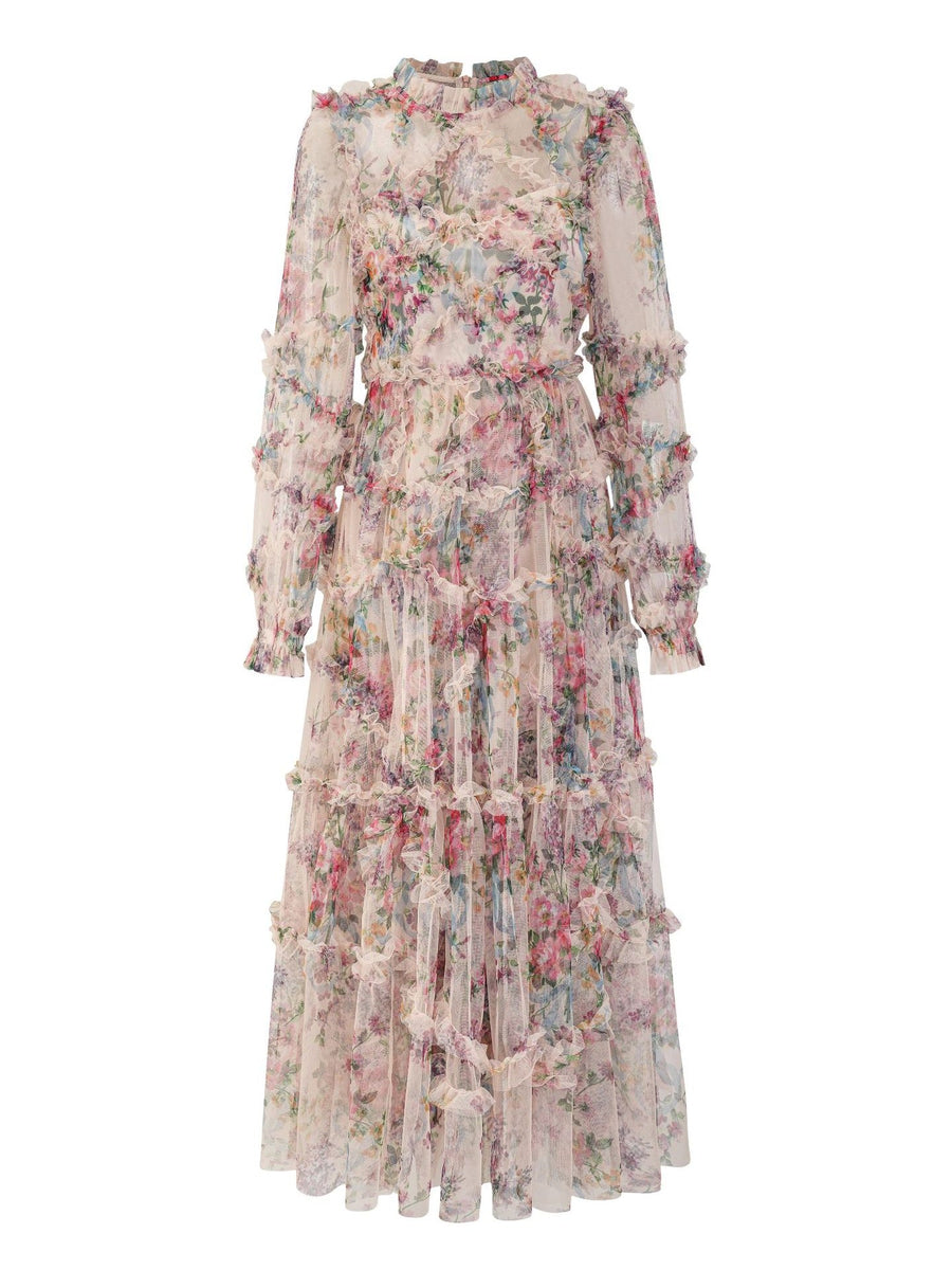 Bishop Sleeve Floral Tulle Ruffle Dress - Opulent Empire