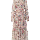 Bishop Sleeve Floral Tulle Ruffle Dress - Opulent Empire