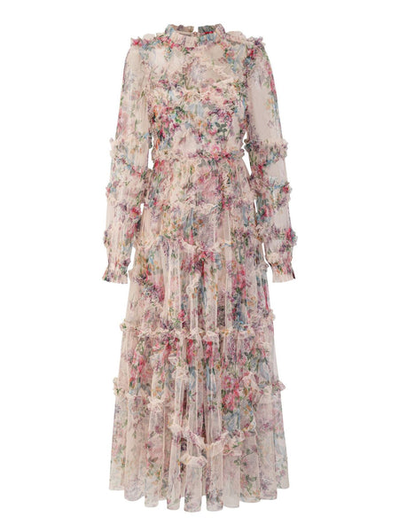 Bishop Sleeve Floral Tulle Ruffle Dress - Opulent Empire